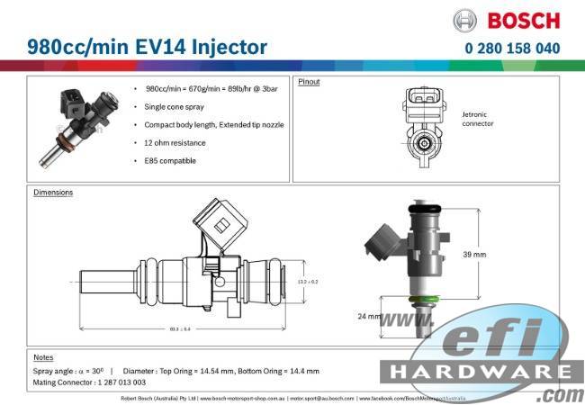 6 x GENUINE BOSCH 1000cc 980CC @ 3 BAR INJECTOR FULL LENGTH 14mm 1150cc @ 4 BAR