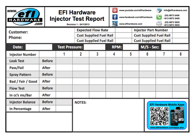 Injector Test Sheet Internal EFI Hardware Version Revision 1